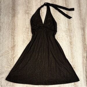 💛🖤 RARE Vintage Y2K Black & Gold Babydoll Sparkle Halter Dress ✨ Size L